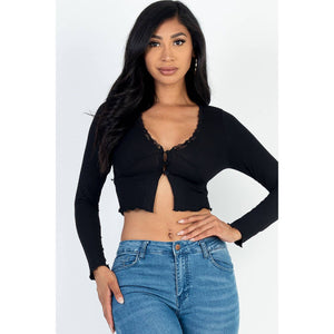 Lettuce Edge Lace Trim Long Sleeve Rib Knit Crop Top