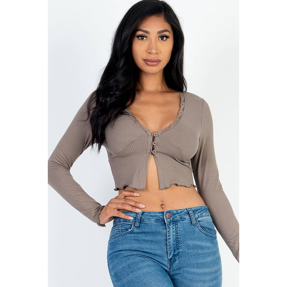 Lettuce Edge Lace Trim Long Sleeve Rib Knit Crop Top