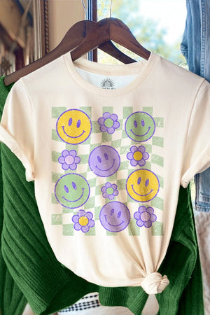 Smiley Green-Checkered Retro Oversized T Shirt