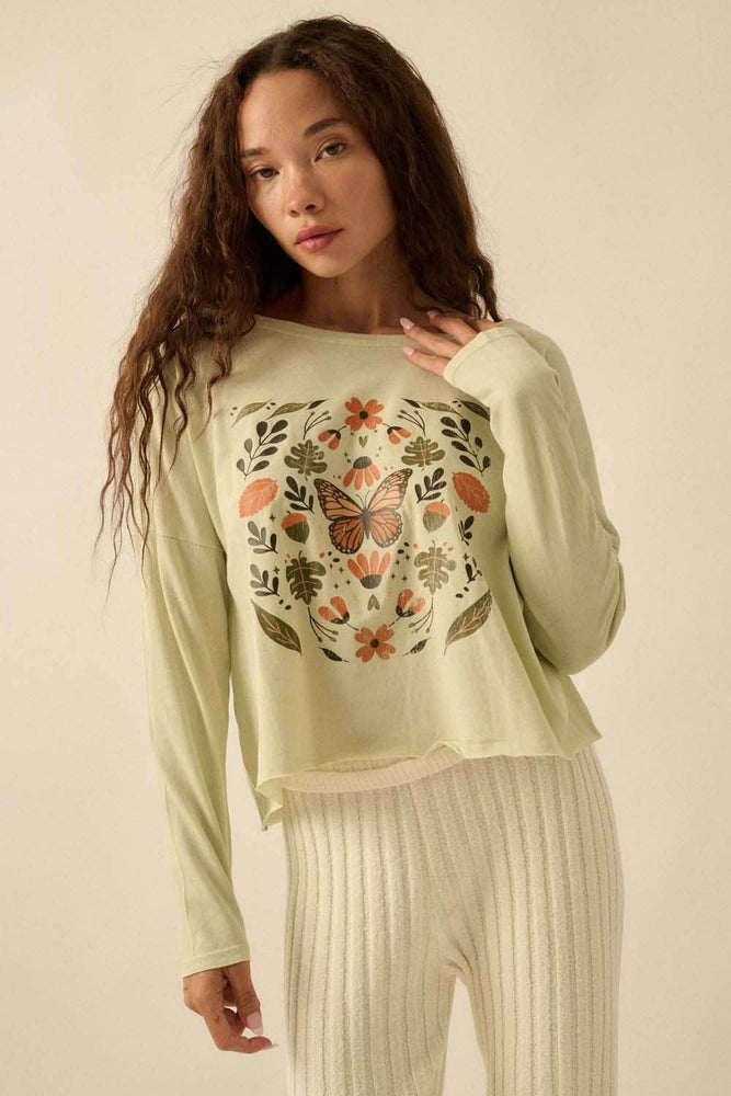 Butterfly + Flowers Crop Vintage-Wash Graphic Tee