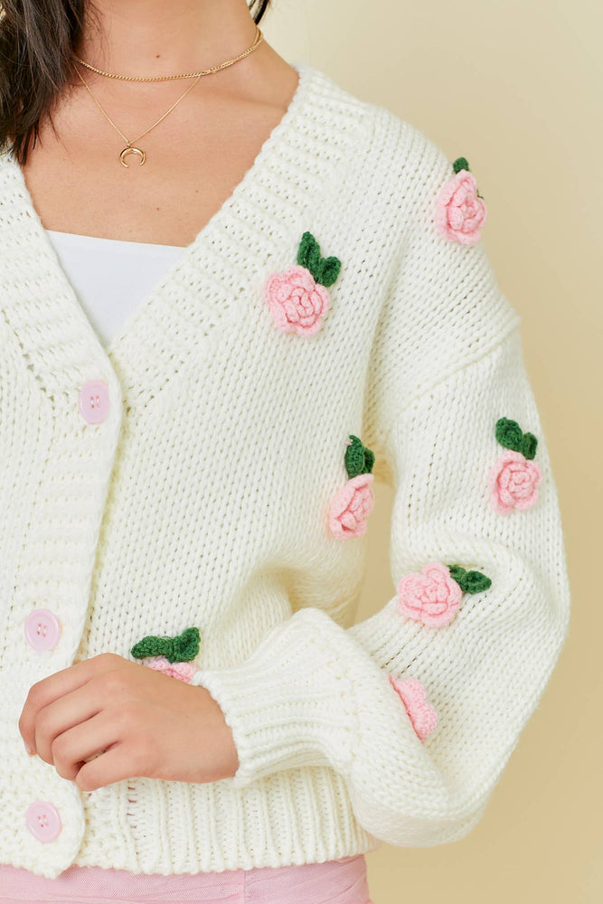 Bouquet of Roses Appliqué Cardigan Sweater