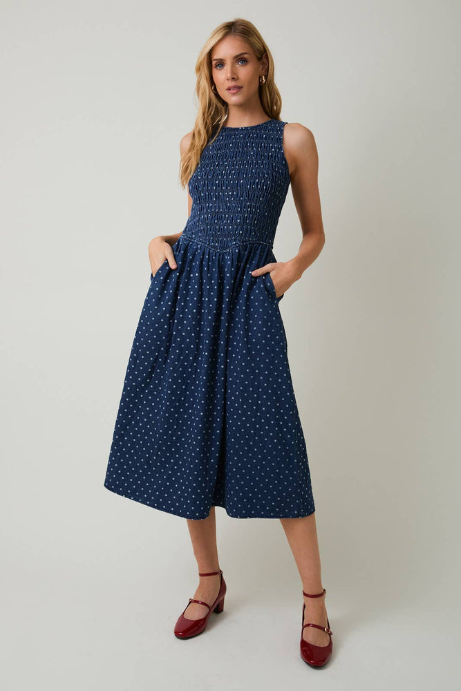 Casually Elevated Denim Polka Dot Dress