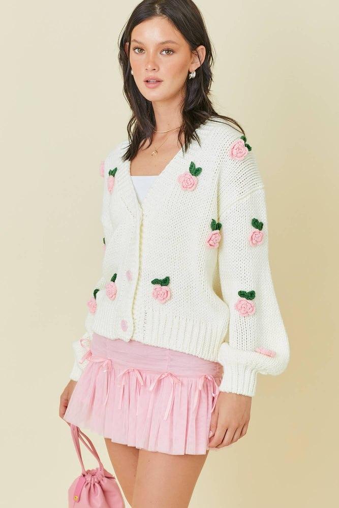 Bouquet of Roses Appliqué Cardigan Sweater