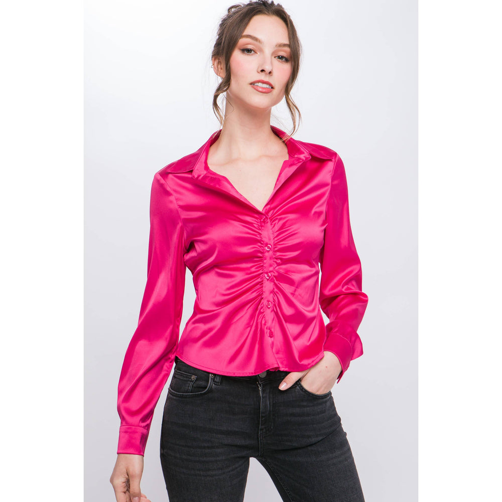 Satin Long Sleeve Button Down Ruched Blouse Top