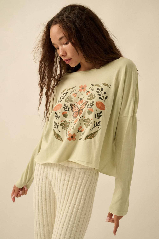 Butterfly + Flowers Crop Vintage-Wash Graphic Tee