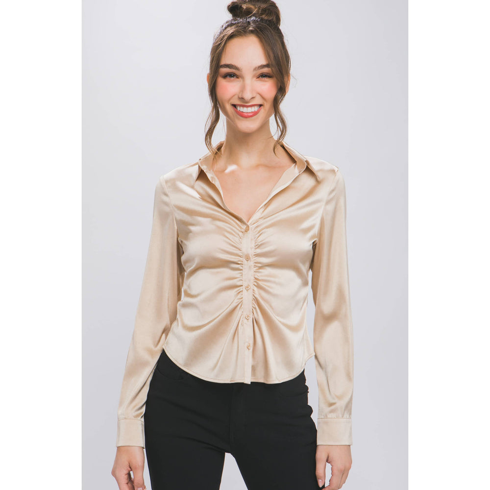 Satin Long Sleeve Button Down Ruched Blouse Top